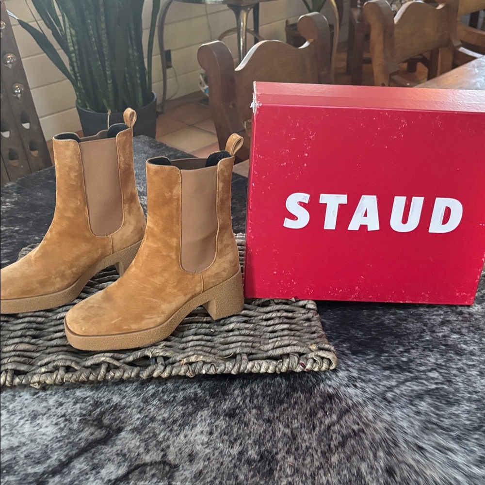 STAUD Suede Tan Chelsea Platform Booties